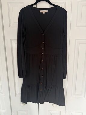 LOFT Black Button-Front V-Neck Long Sleeve Tiered Dress